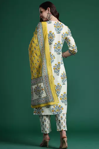Off white pure cotton printed kurta trouser dupatta set