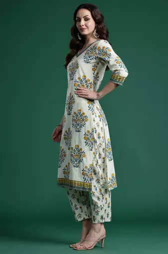 Off white pure cotton printed kurta trouser dupatta set