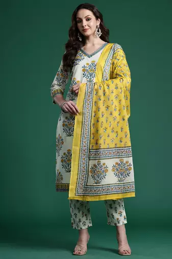 Off white pure cotton printed kurta trouser dupatta set