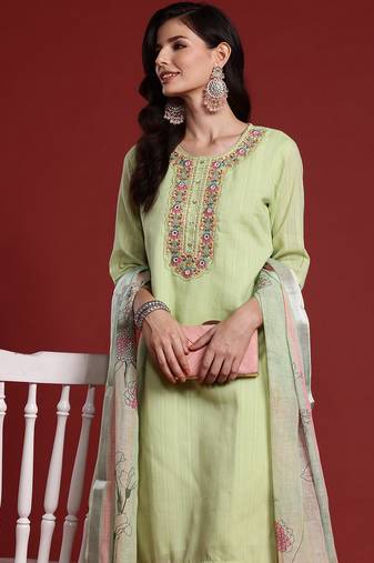 Green pure cotton embroidered kurta trouser dupatta set