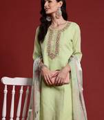 Green pure cotton embroidered kurta trouser dupatta set