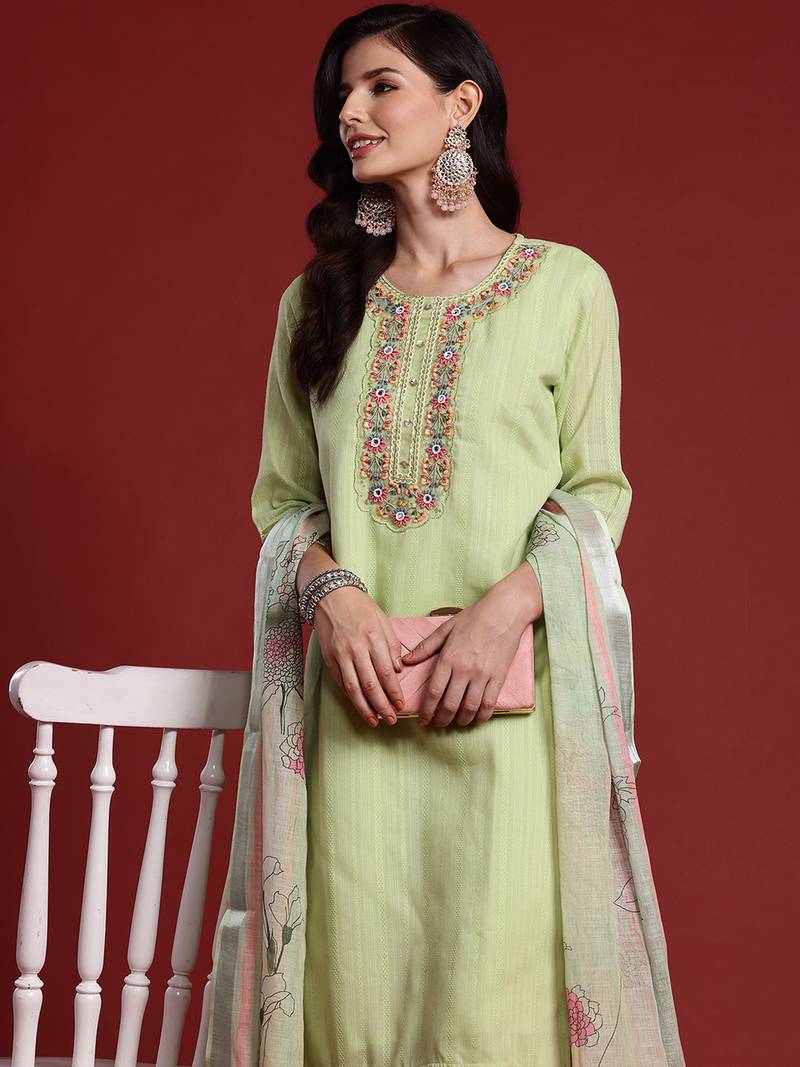 Green pure cotton embroidered kurta trouser dupatta set