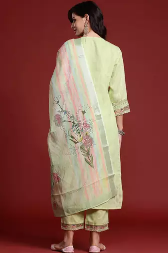 Green pure cotton embroidered kurta trouser dupatta set