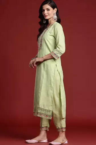 Green pure cotton embroidered kurta trouser dupatta set