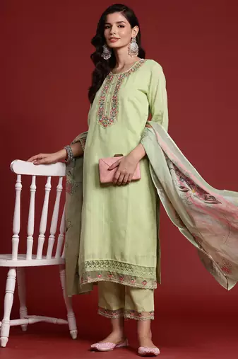 Green pure cotton embroidered kurta trouser dupatta set