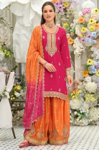 Pink silk blend embroidered kurta trouser dupatta set