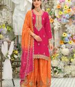 Pink silk blend embroidered kurta trouser dupatta set