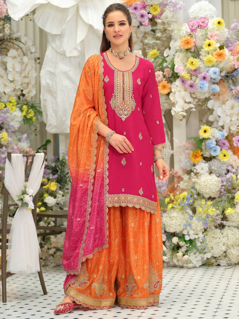 Pink silk blend embroidered kurta trouser dupatta set
