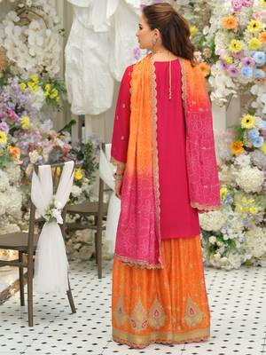 Pink silk blend embroidered kurta trouser dupatta set 2