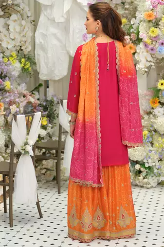 Pink silk blend embroidered kurta trouser dupatta set