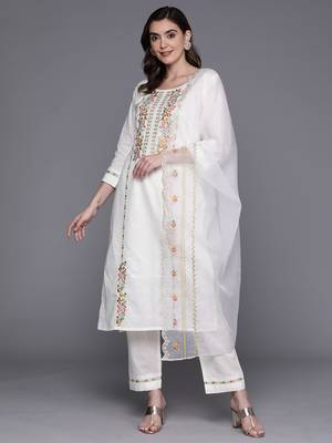 White pure cotton embroidered kurta trouser dupatta set 1