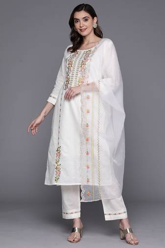 White pure cotton embroidered kurta trouser dupatta set