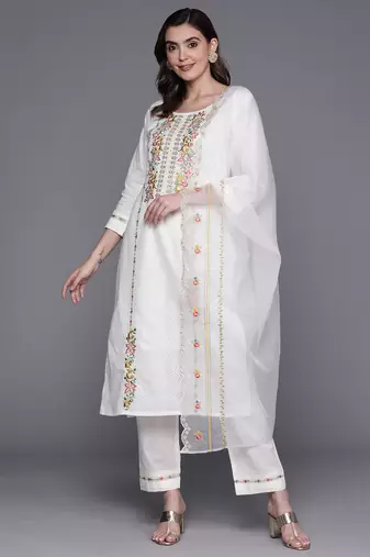 White pure cotton embroidered kurta trouser dupatta set
