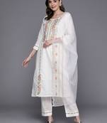 White pure cotton embroidered kurta trouser dupatta set