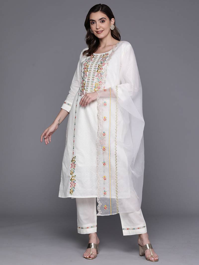 White pure cotton embroidered kurta trouser dupatta set