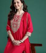 Pink silk blend printed kurta trouser dupatta set
