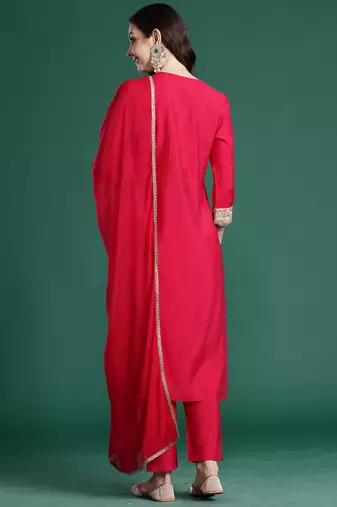 Pink silk blend printed kurta trouser dupatta set