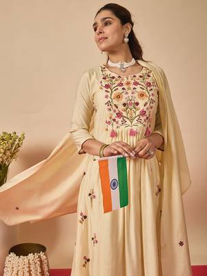 Cream silk blend embroidered kurta trouser dupatta set 1