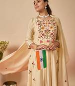 Cream silk blend embroidered kurta trouser dupatta set