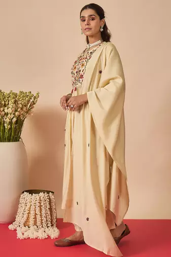 Cream silk blend embroidered kurta trouser dupatta set