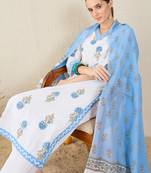 White pure cotton printed kurta trouser dupatta set