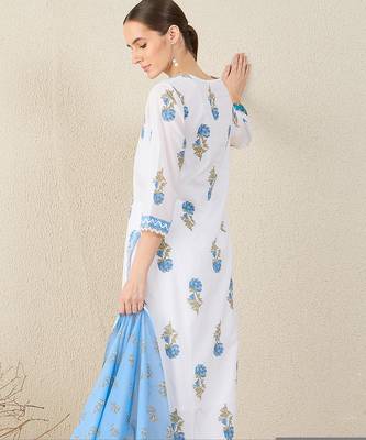 White pure cotton printed kurta trouser dupatta set 2