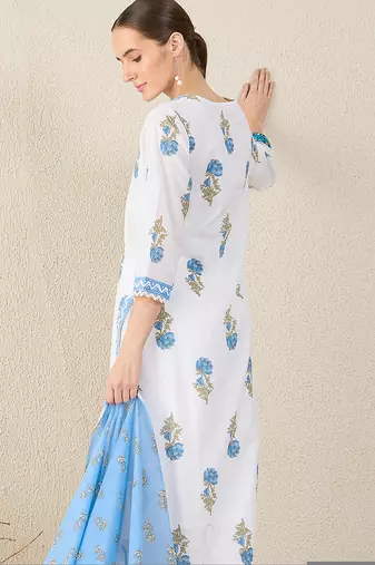 White pure cotton printed kurta trouser dupatta set