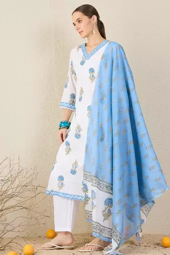 White pure cotton printed kurta trouser dupatta set