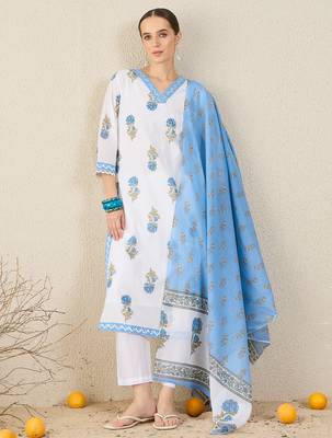 White pure cotton printed kurta trouser dupatta set 4