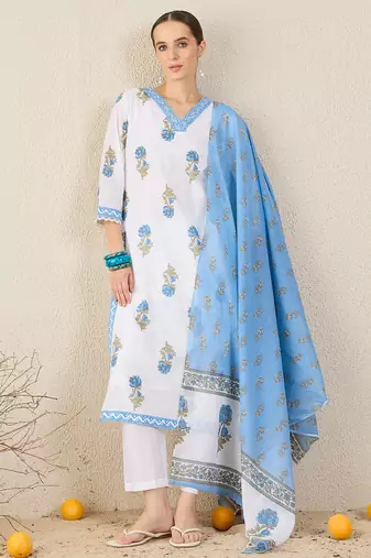 White pure cotton printed kurta trouser dupatta set