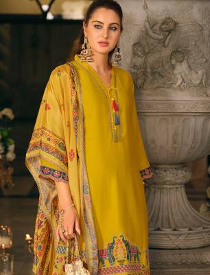 Yellow silk blend embroidered kurta trouser dupatta set 1