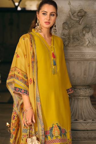 Yellow silk blend embroidered kurta trouser dupatta set