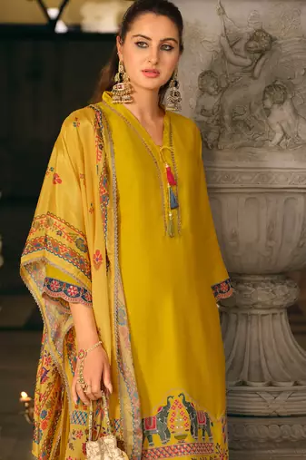 Yellow silk blend embroidered kurta trouser dupatta set