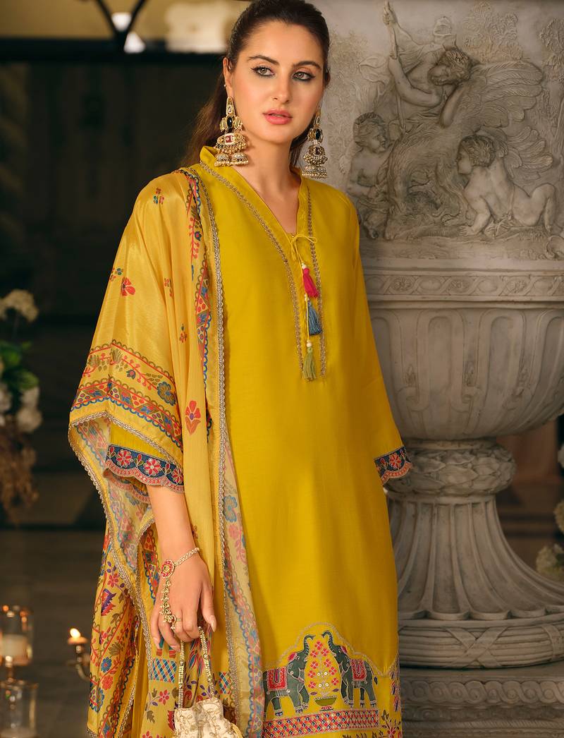 Yellow silk blend embroidered kurta trouser dupatta set