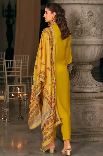 Yellow silk blend embroidered kurta trouser dupatta set