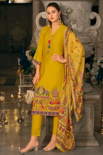 Yellow silk blend embroidered kurta trouser dupatta set