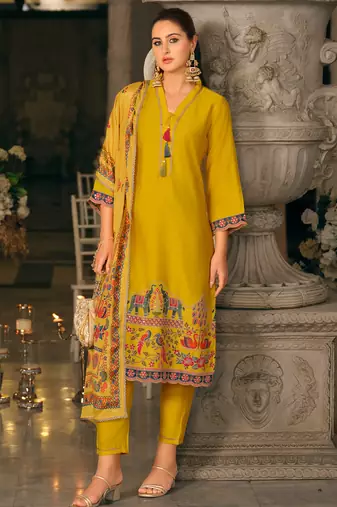 Yellow silk blend embroidered kurta trouser dupatta set