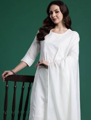 White pure cotton embroidered kurta trouser dupatta set 1