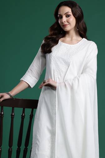 White pure cotton embroidered kurta trouser dupatta set