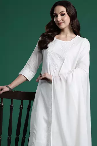 White pure cotton embroidered kurta trouser dupatta set