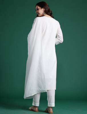 White pure cotton embroidered kurta trouser dupatta set 2