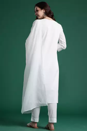 White pure cotton embroidered kurta trouser dupatta set