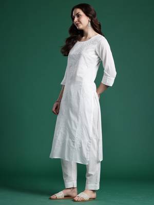 White pure cotton embroidered kurta trouser dupatta set 3