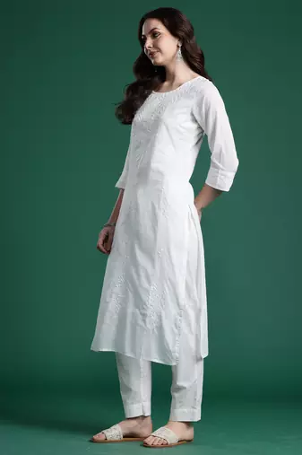 White pure cotton embroidered kurta trouser dupatta set