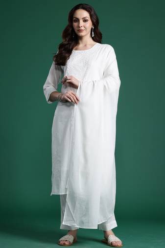 White pure cotton embroidered kurta trouser dupatta set