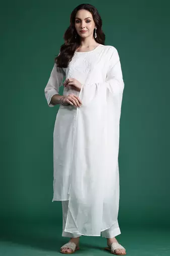 White pure cotton embroidered kurta trouser dupatta set