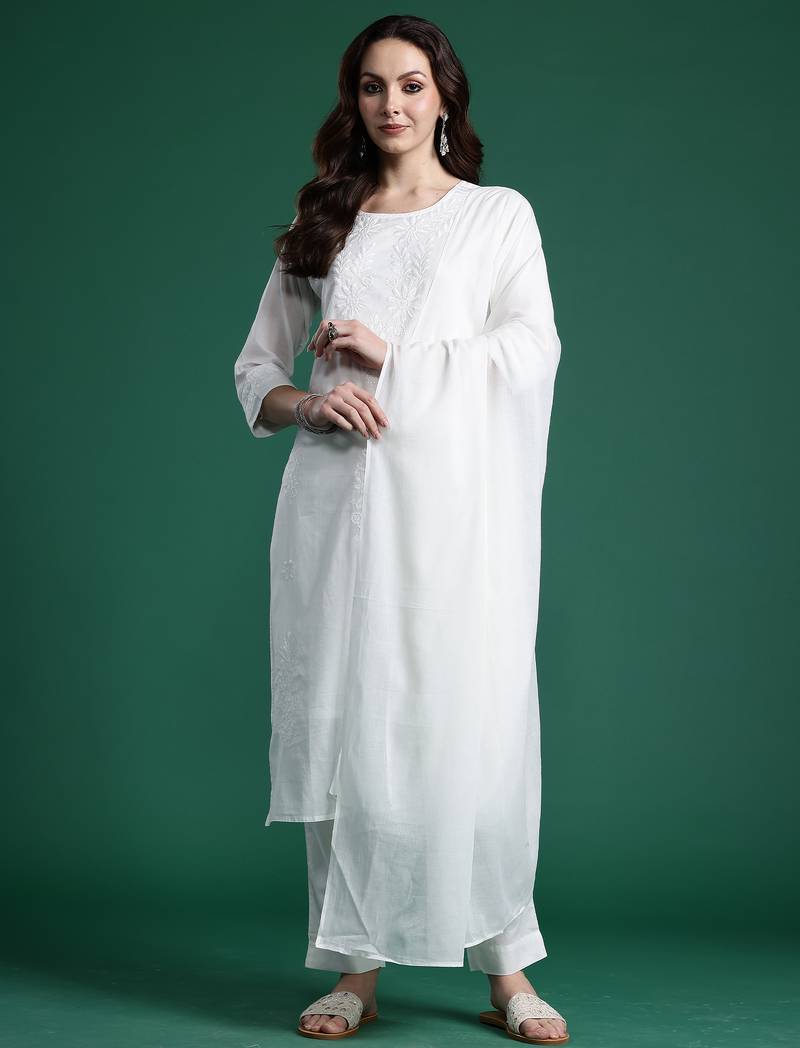 White pure cotton embroidered kurta trouser dupatta set