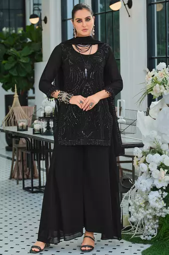 Black georgette embroidered kurta trouser dupatta set