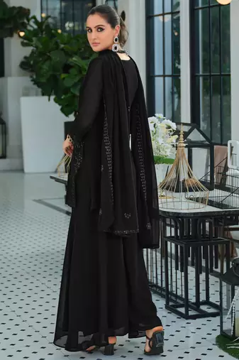 Black georgette embroidered kurta trouser dupatta set