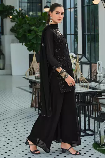 Black georgette embroidered kurta trouser dupatta set